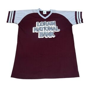 VTG 80s Lorain National Bank Jersey Size XL Burgundy MFRT Ohio #18